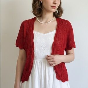 Laura Scott Red Pointelle Knit Boho Cardigan Short Sleeve Size Medium
